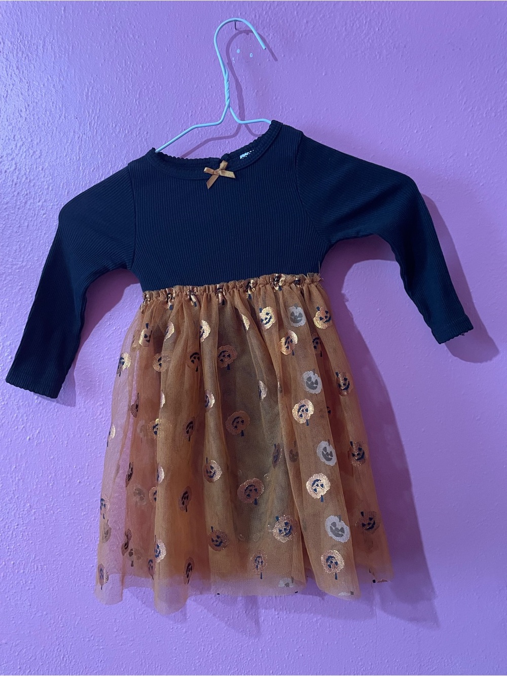 Girls Black & Orange Halloween Tulle Dress with Pumpkin Print